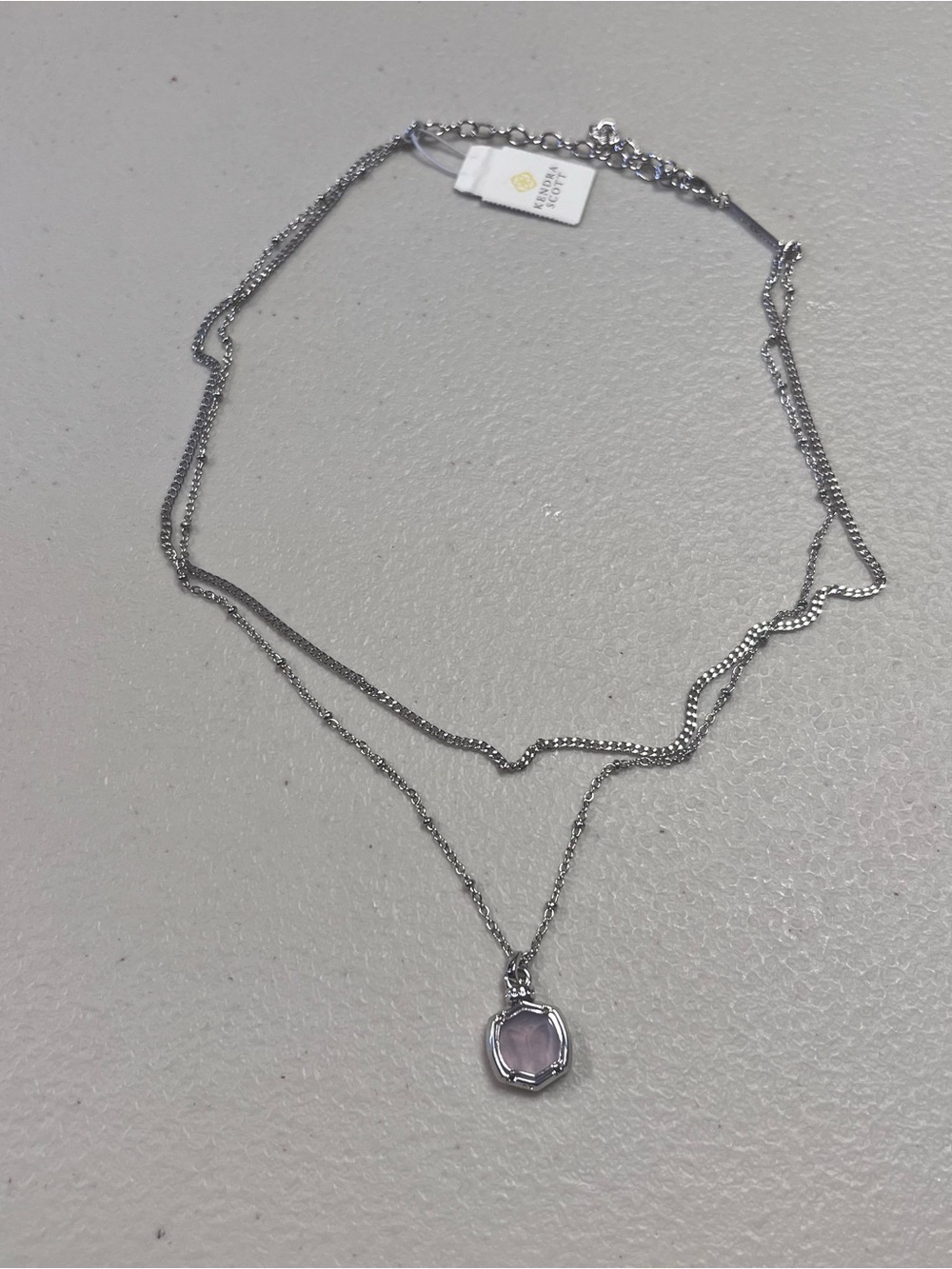 NWT Kendra Scott Silver Layered Necklace with Light Pink Pendant Butterfly Motif